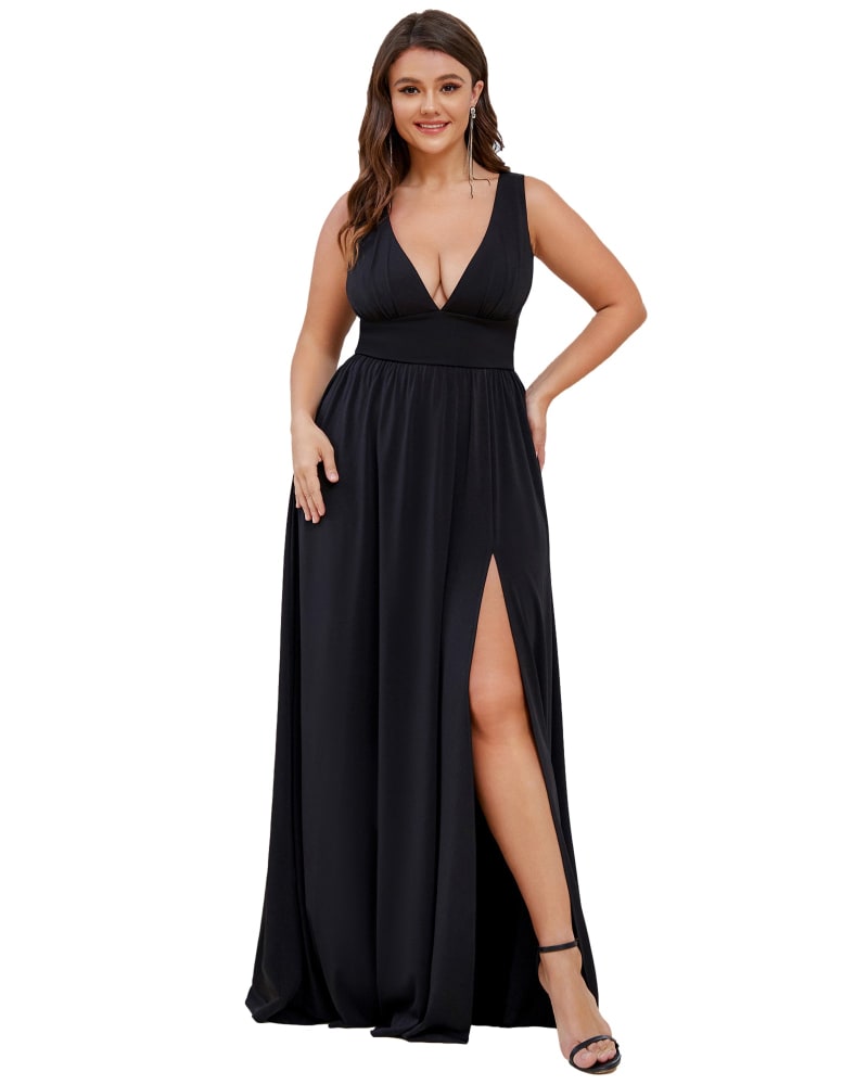Sleeveless V Neck Empire Waist High Slit Floor Length Evening Dress